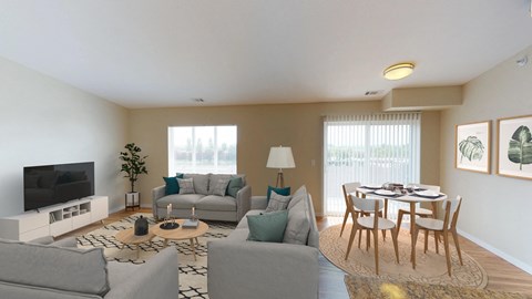 Open Living and Dining Room with Table, Couches and TV