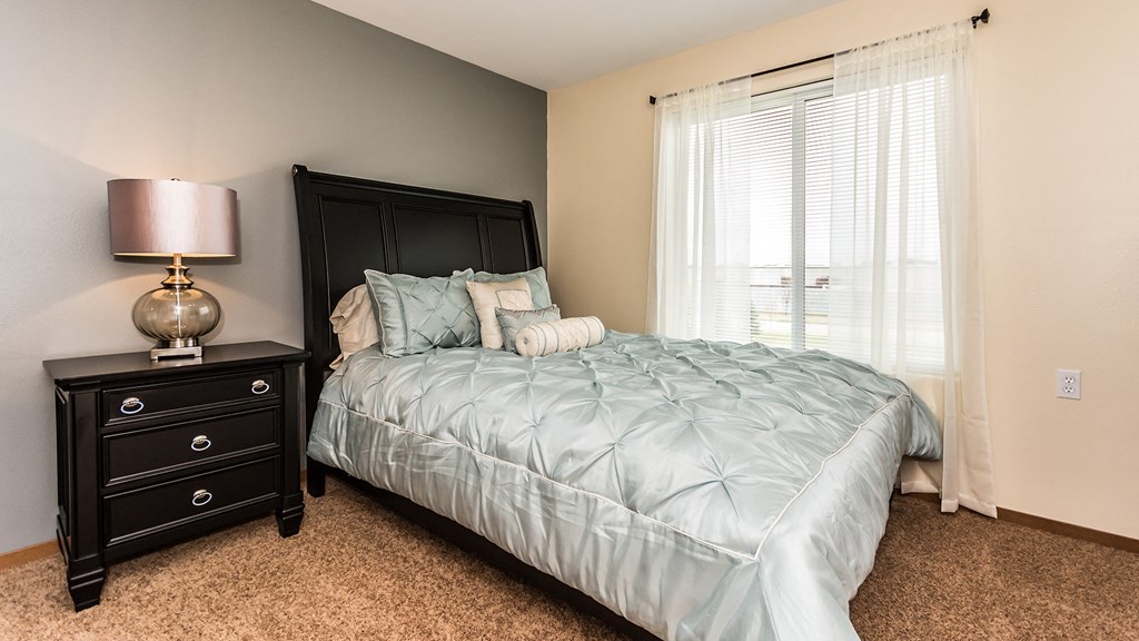 a bedroom with a bed and a dresser and a window