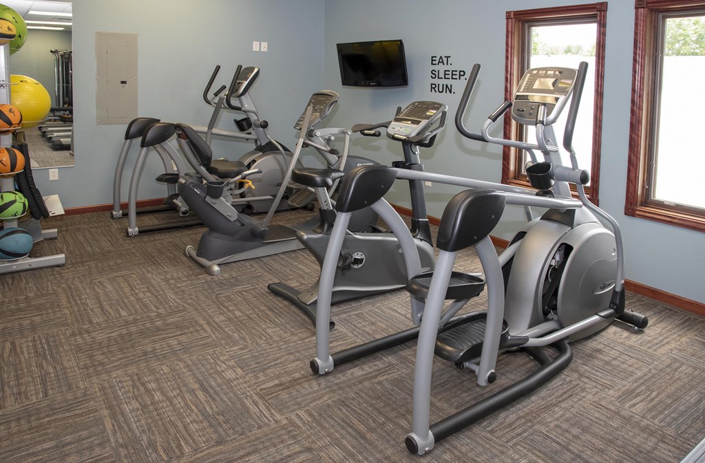 Ellipticals and other workout equipment face a TV as well as two bright windows.