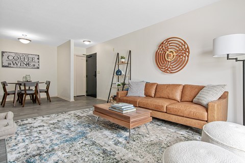 A living room with a brown couch and a rug.