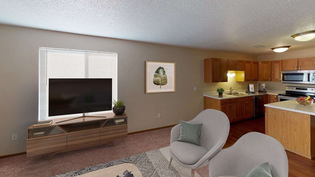 Living room with white rug and matching chairs