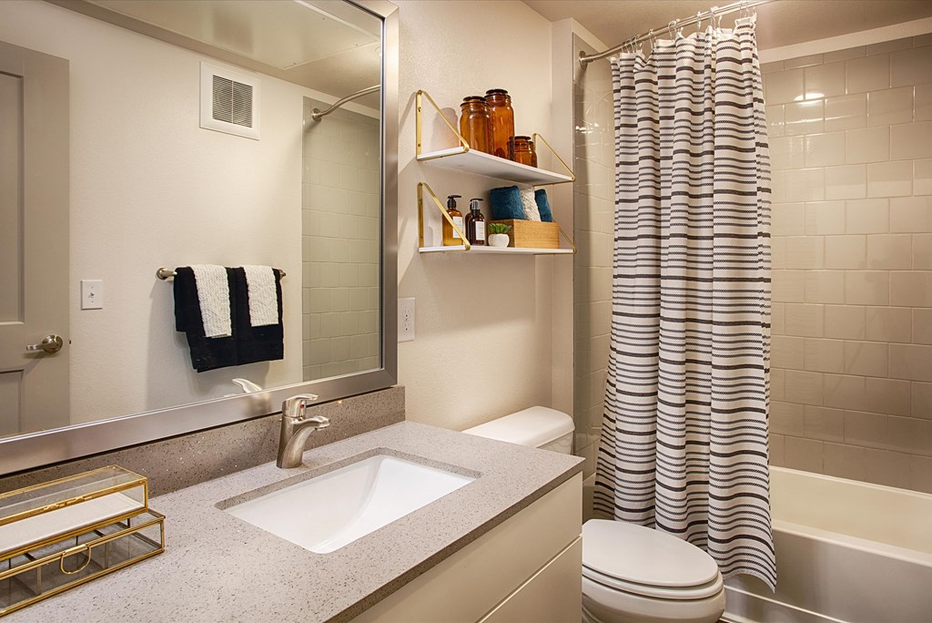 Bathroom with Granite Counters, Toilet and Shower