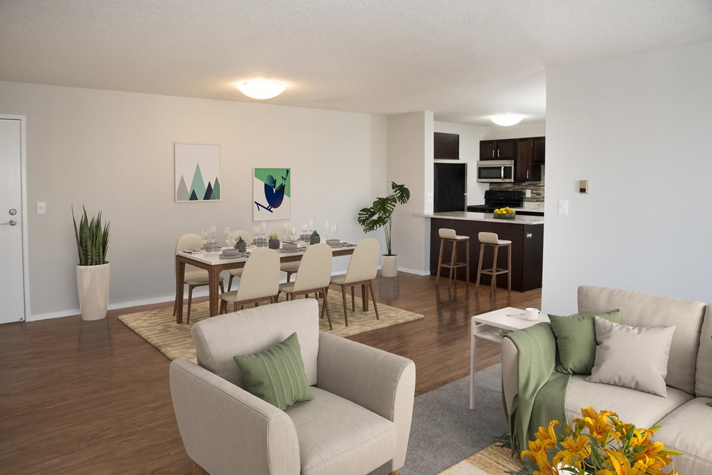 Open Dining and Living Room with Dining Table and Chairs