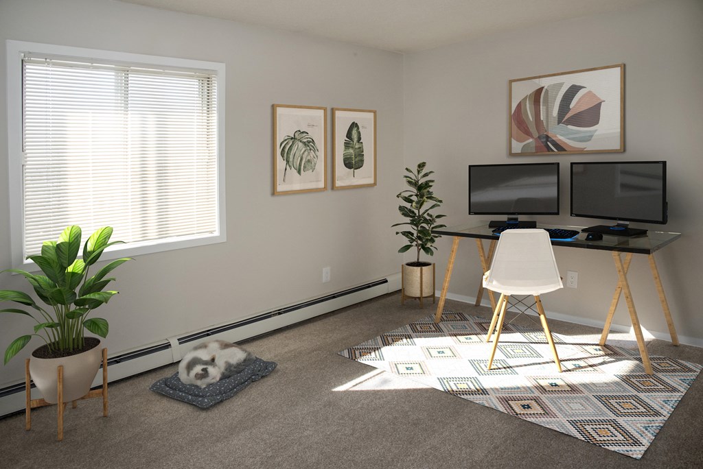 Home Office with Desk, Computers, and Dog in its Bed