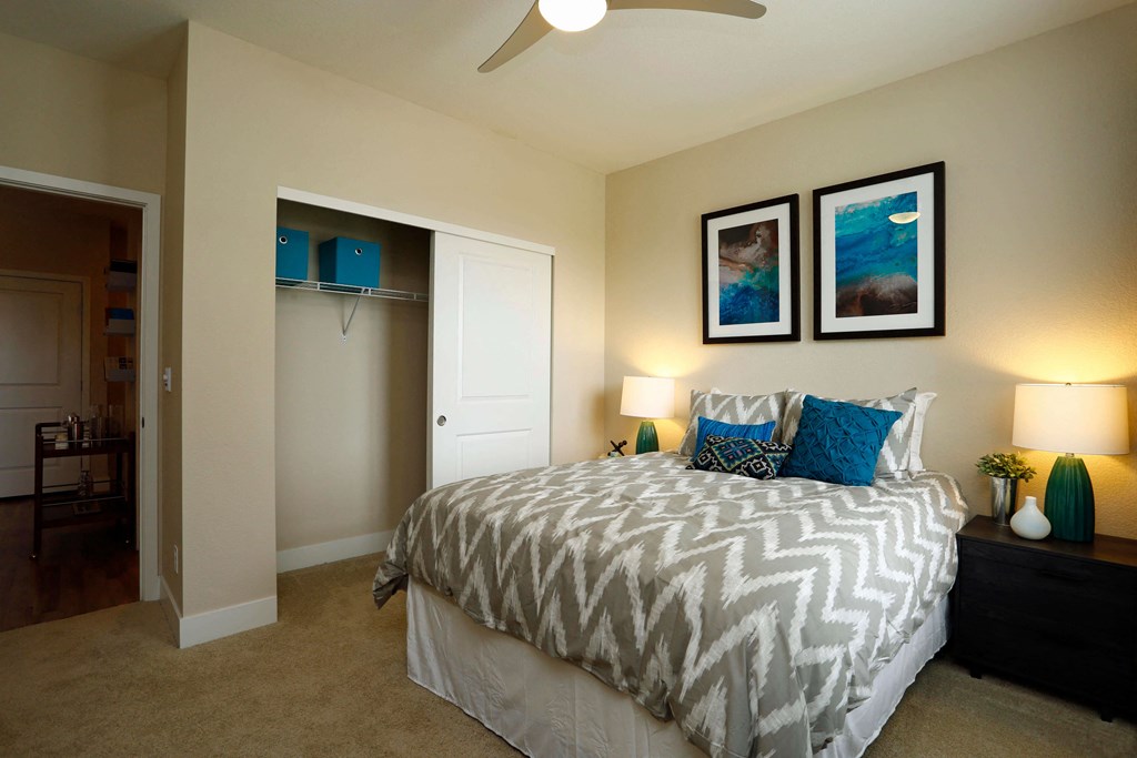 Cozy bedroom with walk in closet and natural light flowing in from a window on the wall opposite the closet.