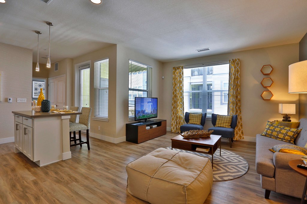 Spacious open concept living room with two large windows.