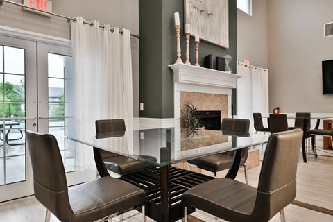 Glass Table and Decorative Fireplace