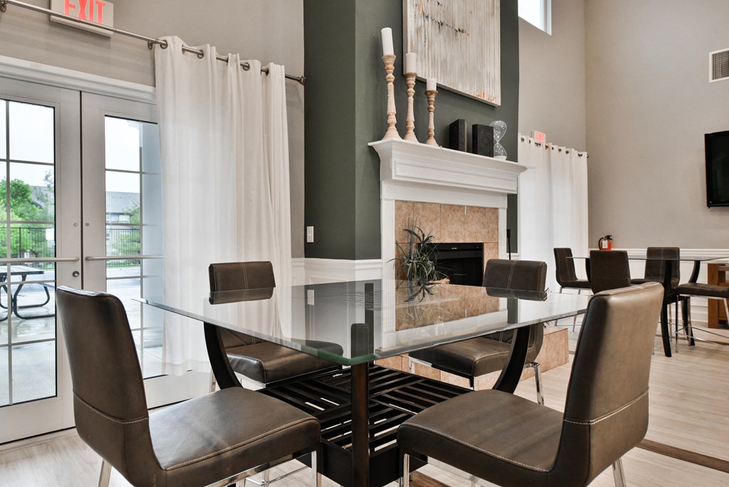 Glass Table and Decorative Fireplace