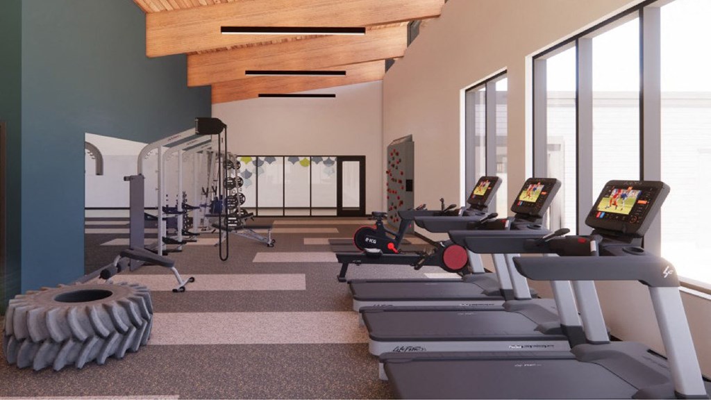 a gym with cardio equipment and large windows