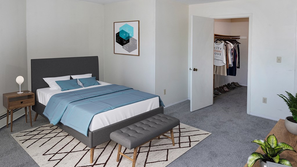 a bedroom with a bed and a closet