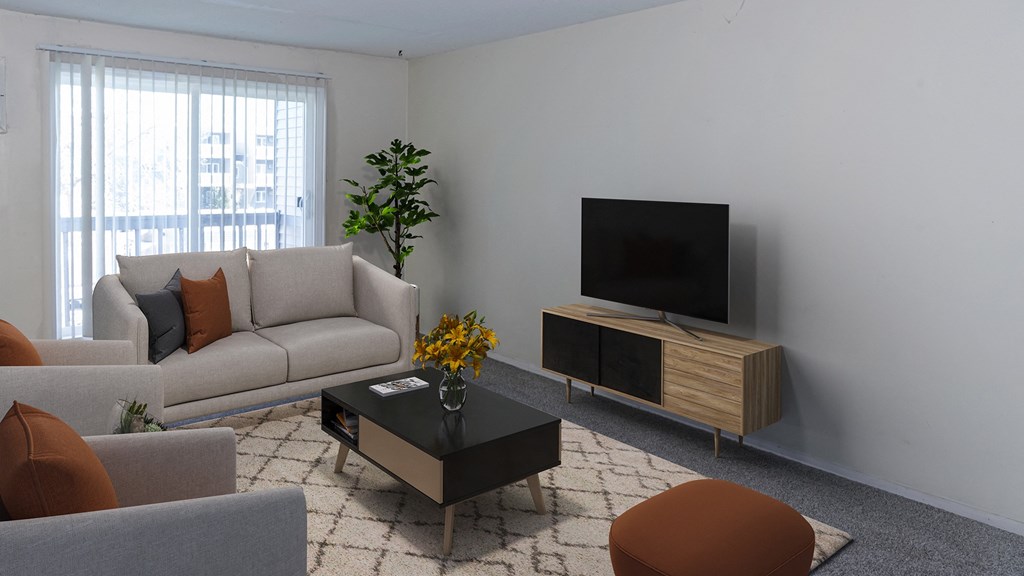 a living room with a couch and a coffee table and a television