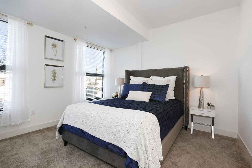 a bedroom with a large bed and two windows