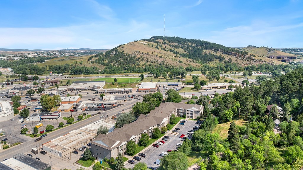 an aerial view of a city with a mountain in the background