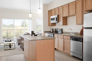 a kitchen and living room in a 555 waverly unit