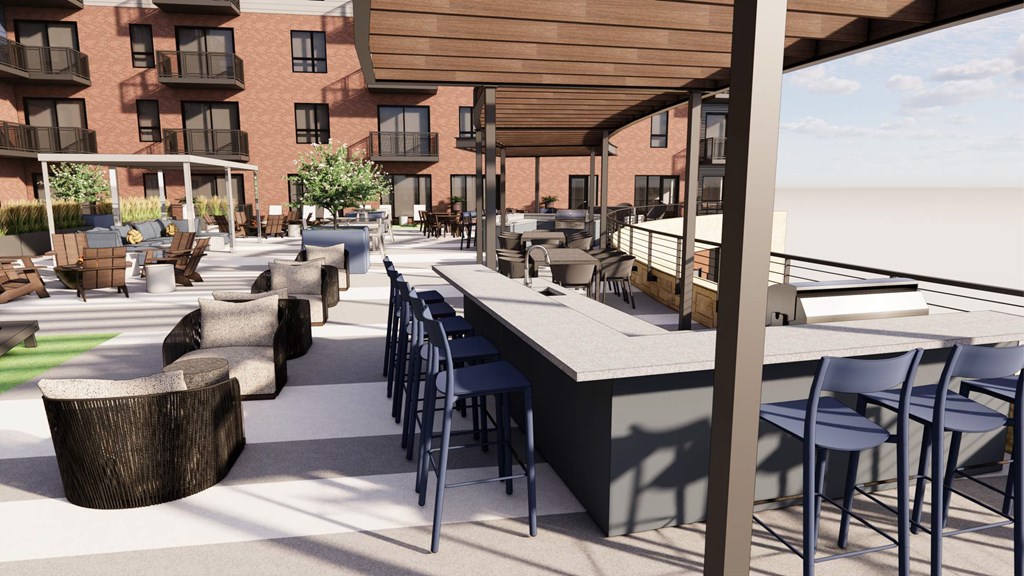 A patio with tables and chairs is shown in the image.