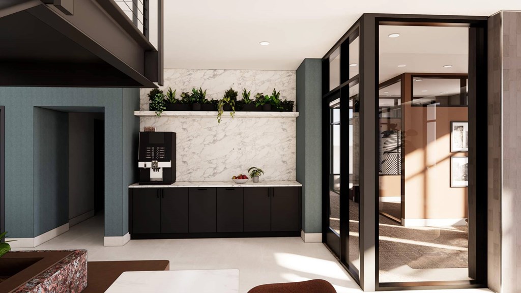 A modern living room with a fireplace and a large mirror.