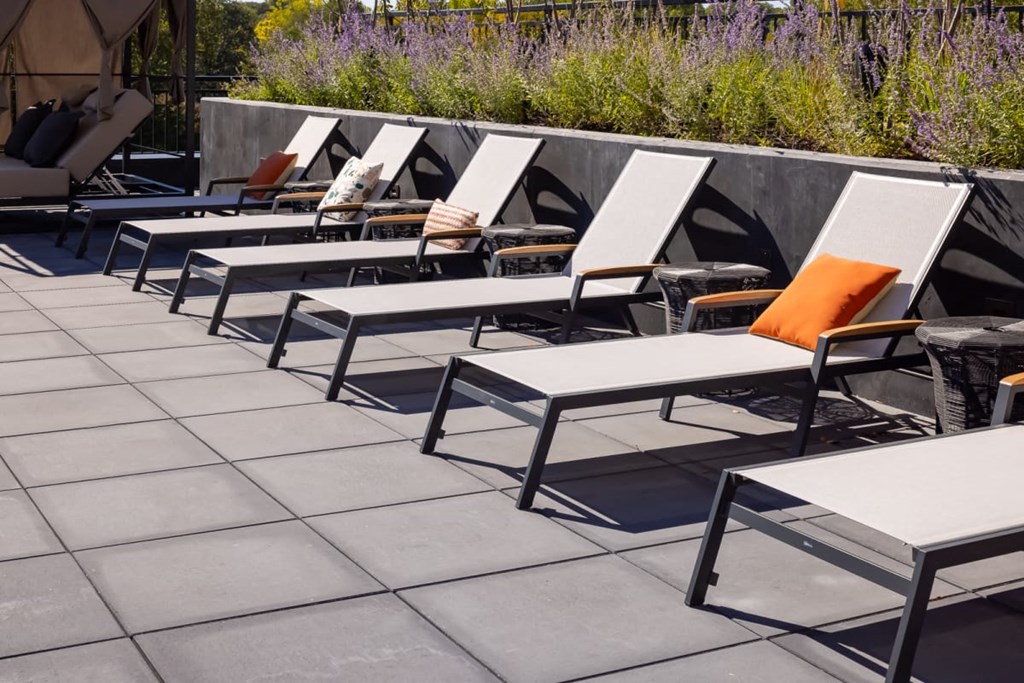 a row of chaise lounges with orange pillows are lined up on a patio