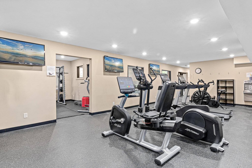 A gym with a row of exercise bikes.