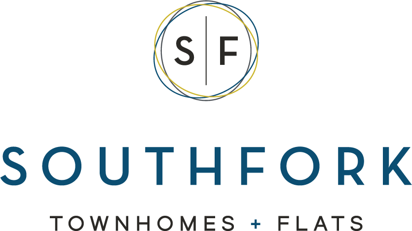 A logo with the letters S and F inside a circle, and the words "SOUTHFORK" and "TOWNHOMES + FLATS" below it.