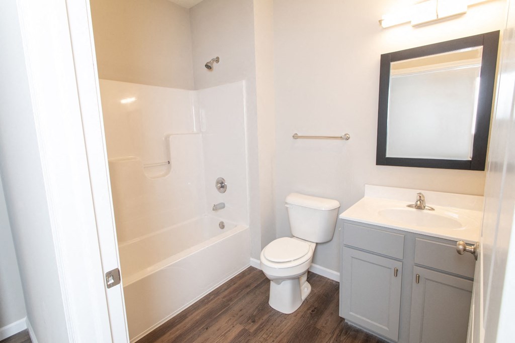 a bathroom with a toilet and a tub and a sink
