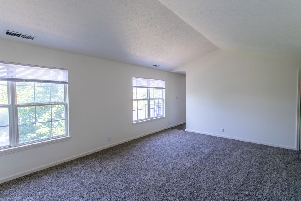 the living room of an empty house with carpet and two windows