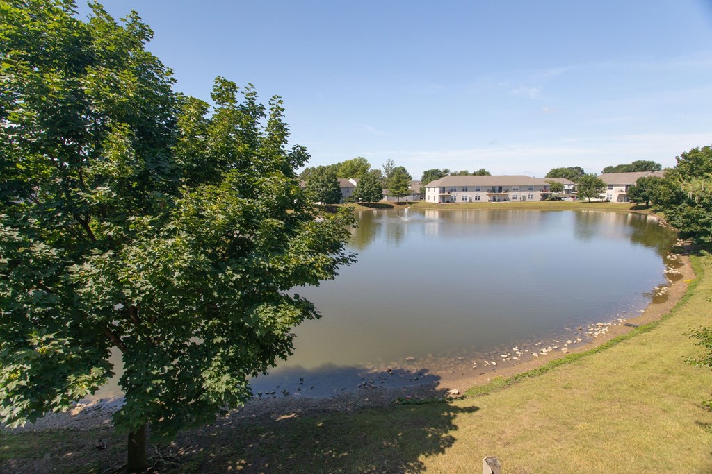 a view of a lake with a house in the background