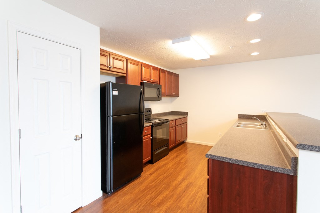 a kitchen with a black refrigerator and a counter top