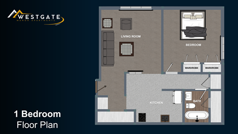 A floor plan of a one bedroom apartment with a living room, kitchen, and bathroom.