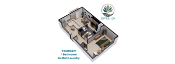 A diagram of a one bedroom apartment with a laundry facility.
