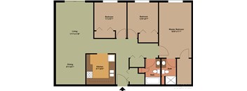 A floor plan of a house with a living room, dining room, kitchen, two bathrooms, and three bedrooms.