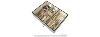 A 3D rendered image of a house layout.