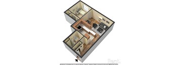 A 3D floor plan of a small apartment with a kitchen, living room, and two bedrooms.