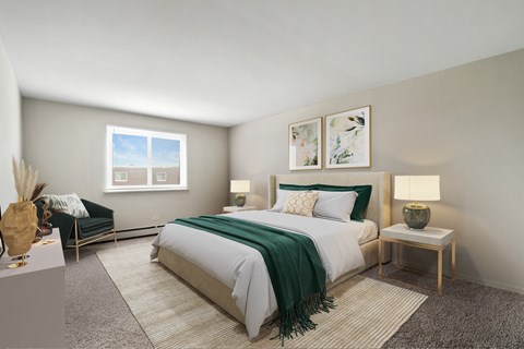 a bedroom with a bed and a chair and a window