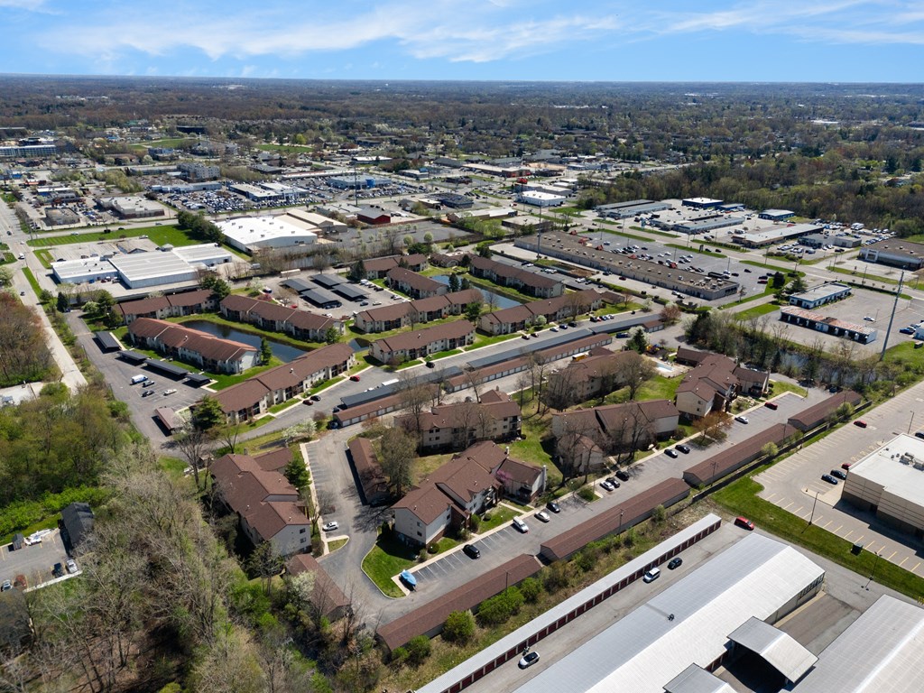 an aerial view of a neighborhood of houses in a city at The Element @ St Andrews, Mishawaka
