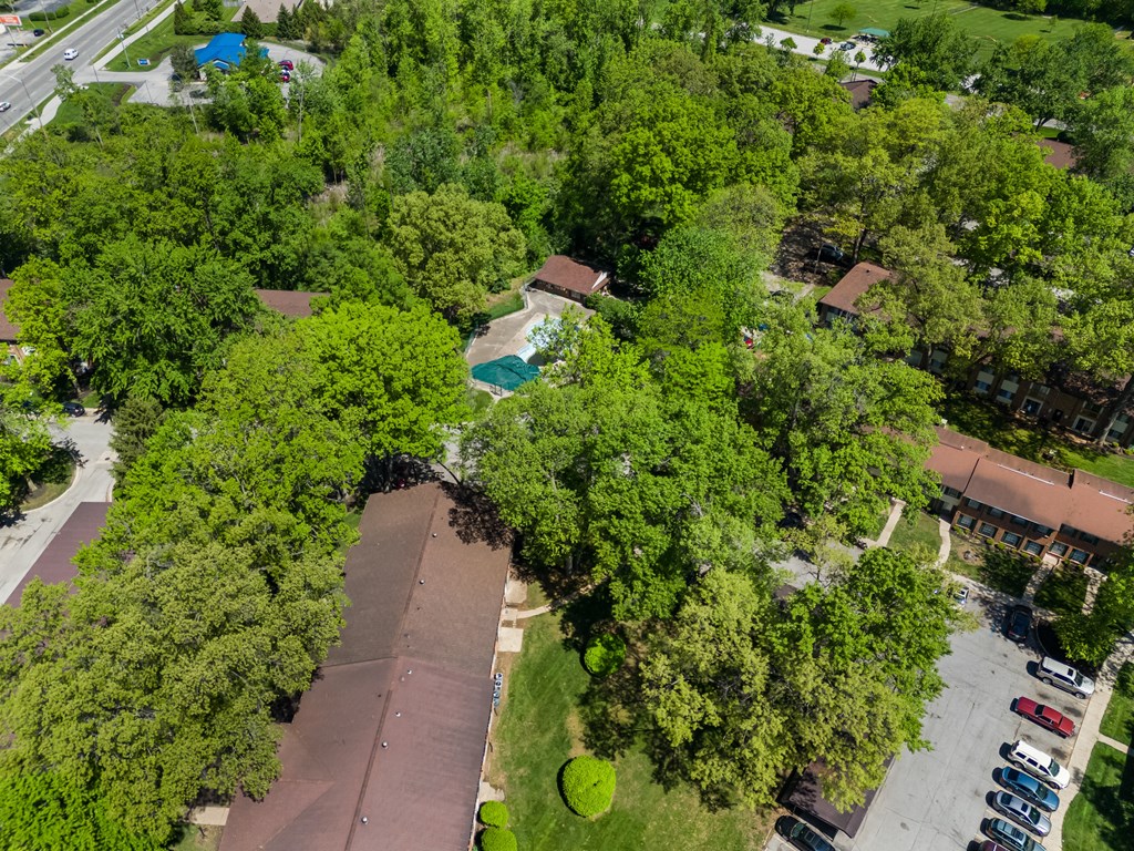 an aerial view of a neighborhood with trees and a parking lot