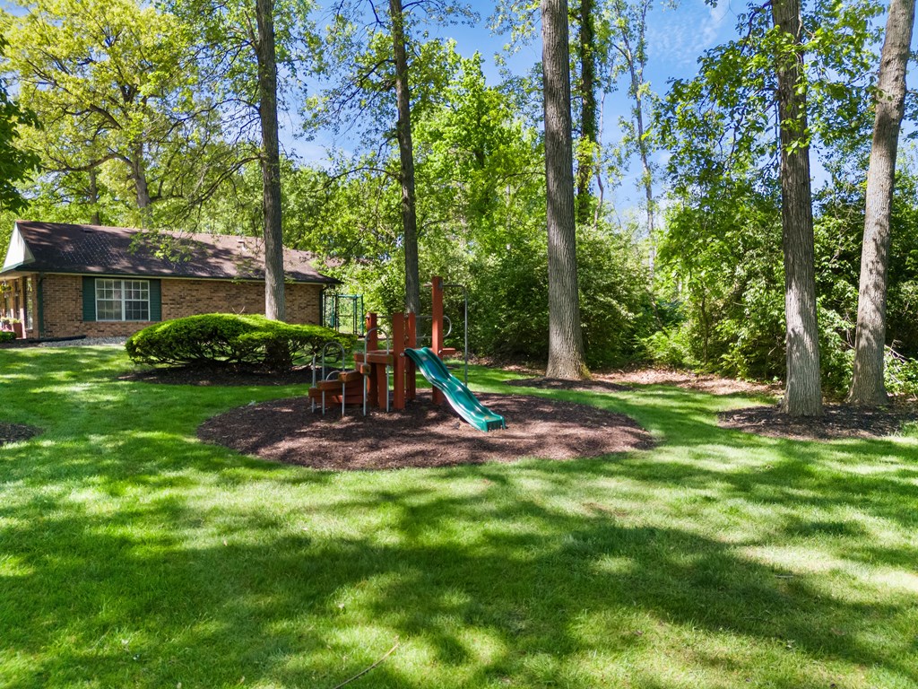 a playground in a yard with trees and a house