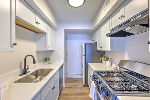 A kitchen with a stove, sink, and refrigerator.