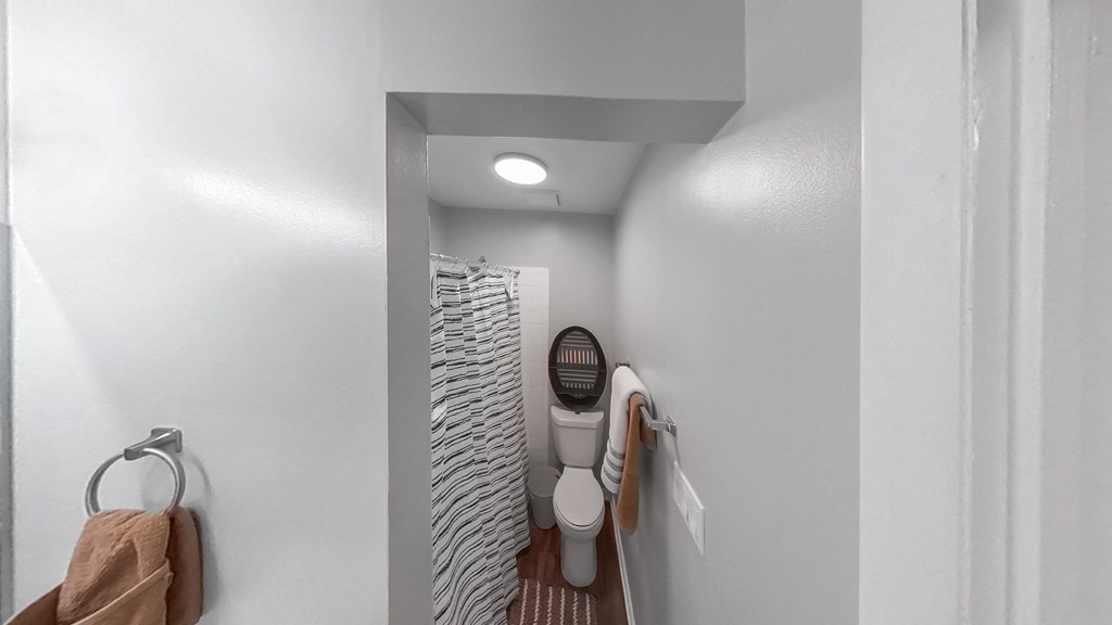 a bathroom with a toilet and a shower and a towel rack