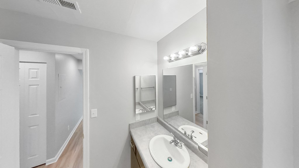 a bathroom with a sink and a mirror and a door