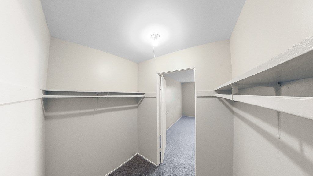 a room with white walls and a closet with shelves