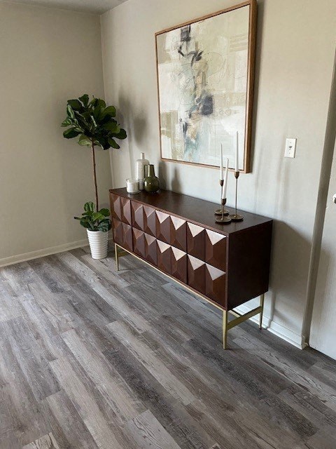 a room with a cabinet and a plant and a painting