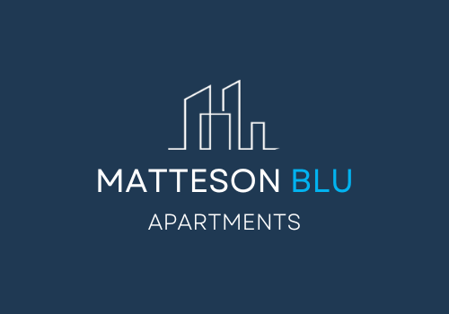a logo for a apartments company on a blue background