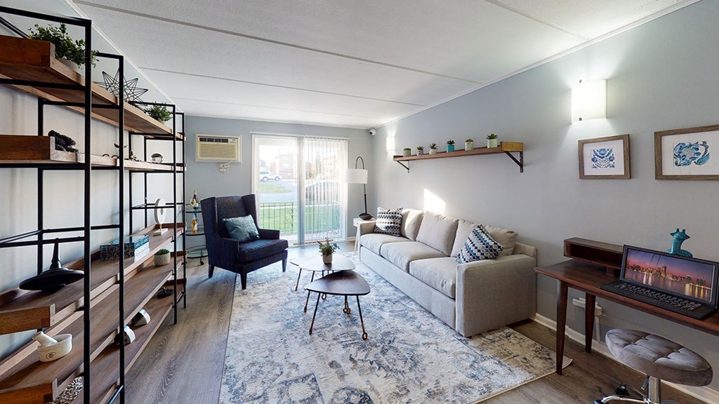 a living room with a couch and a table
