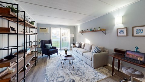 a living room with a couch and a table