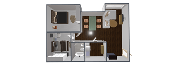 A 3D rendered image of a small apartment layout.