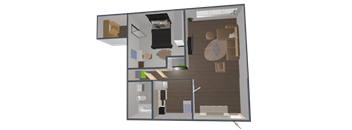 A 3D rendered image of a room layout with a kitchen, living room, and bathroom.