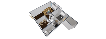 A 3D image of a house layout with a living room, kitchen, and bathroom.