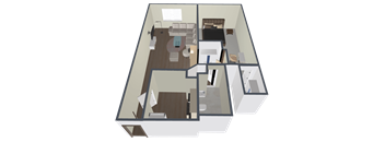 A 3D floor plan of a house with a kitchen, living room, and two bedrooms.