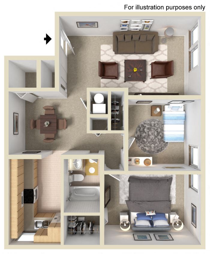 a rendering of a 3d floor plan of a house with a bedroom and living
