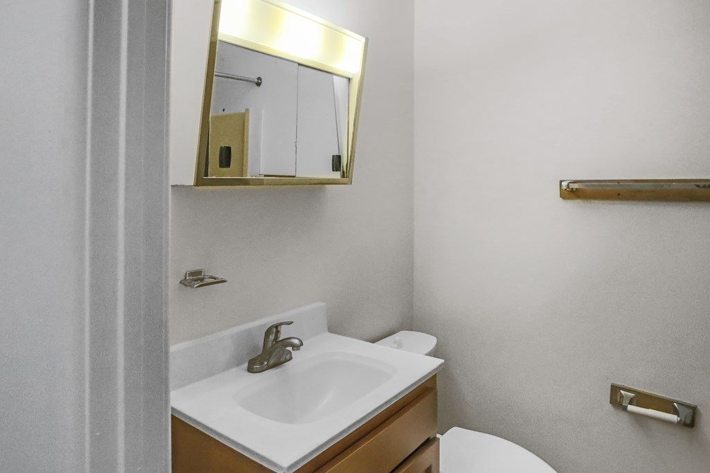 A bathroom with a sink, mirror and toilet.